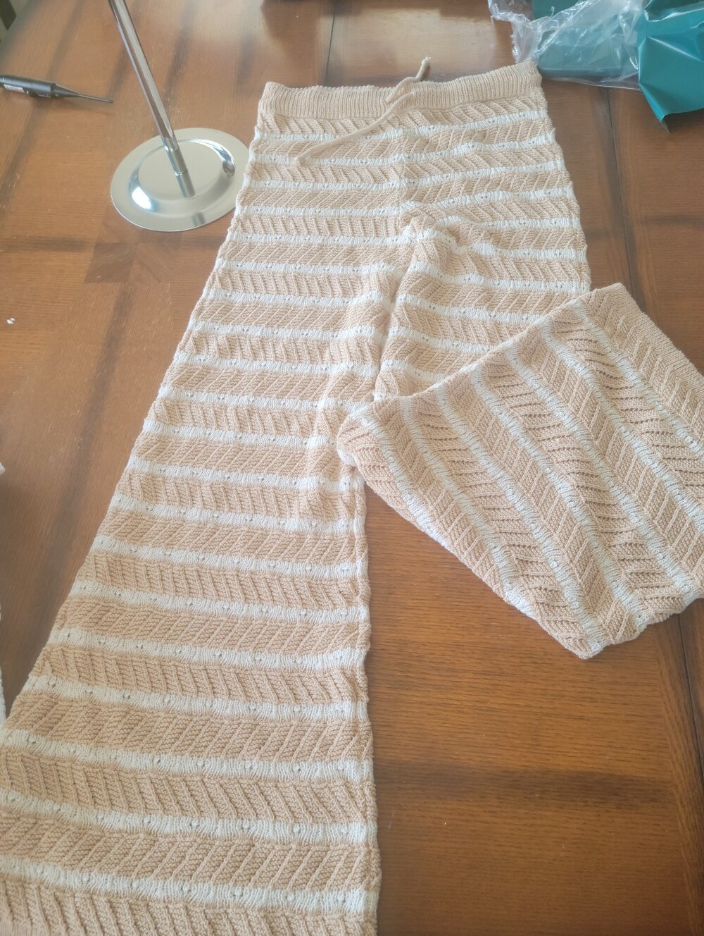 Aerie Knit Wide-Leg Drawstring Pants — Beige & Cream Stripes